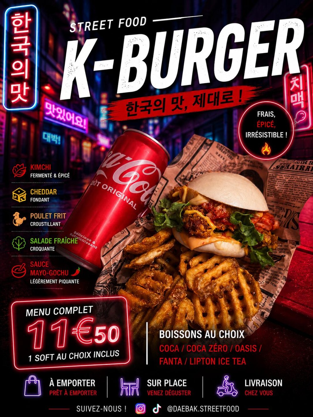 K-Burger Menu Daebak — Bao moelleux, poulet frit, kimchi, cheddar, mayo-gochu. Menu complet 11,50€